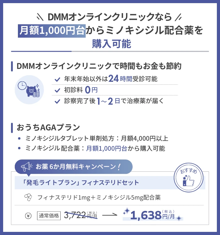 DMMオンラインクリニックでは月額1,000円台からミノキシジル配合薬を購入可能